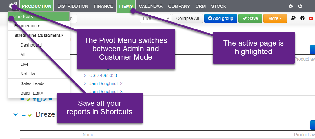 A web app interface with tabs for production, distribution, finance, and more. Arrows and purple boxes streamline menu options and shortcuts, highlighting how to switch modes and pointing out the current active page.