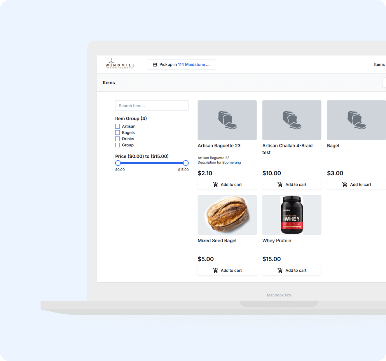 A laptop screen displays an online bakery ordering page with menu items such as Artisan Baguette, Artisan Challah, Bagel, Mixed Seed Bagel, and Whey Protein, along with prices and filters for item type and price range.