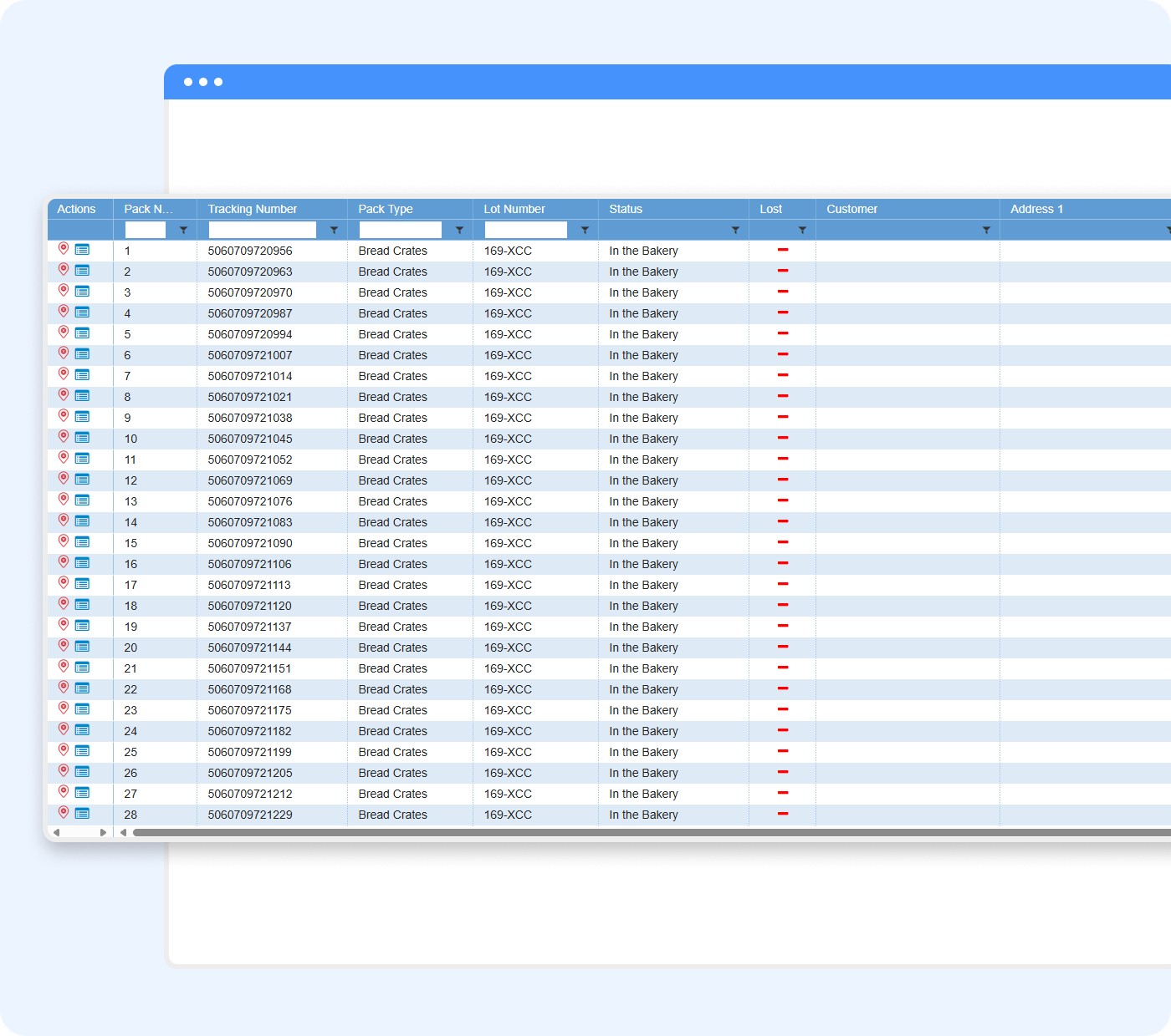A computer screen displays a spreadsheet table from bakery software with columns for Actions, Pack No., Tracking Number, Pack Type, Lot Number, Status, Location, Customer, and Address. The rows list bread crate inventory data.