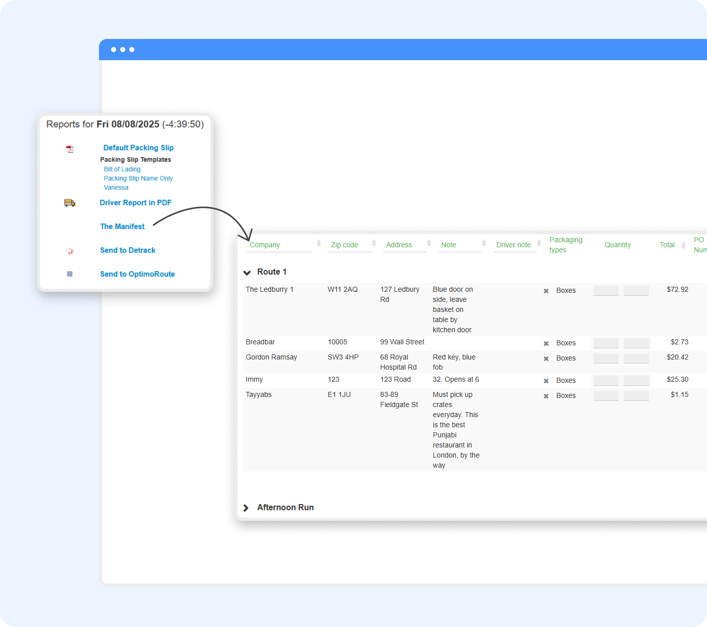 A user interface in the bakery software displays a report list for delivery routes beside a table with route details, including company names, addresses, order types, packaging, quantity, and totals for each stop to streamline distribution management.