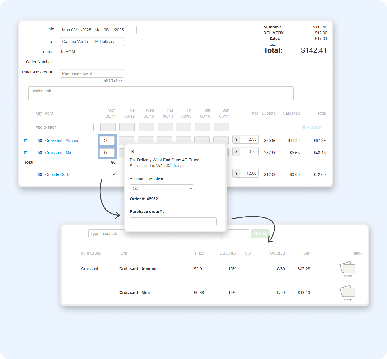 A screenshot shows an online order management interface, including order details, item list, a pop-up form for editing order info, and a section for adding items to the order, with prices and quantities displayed.