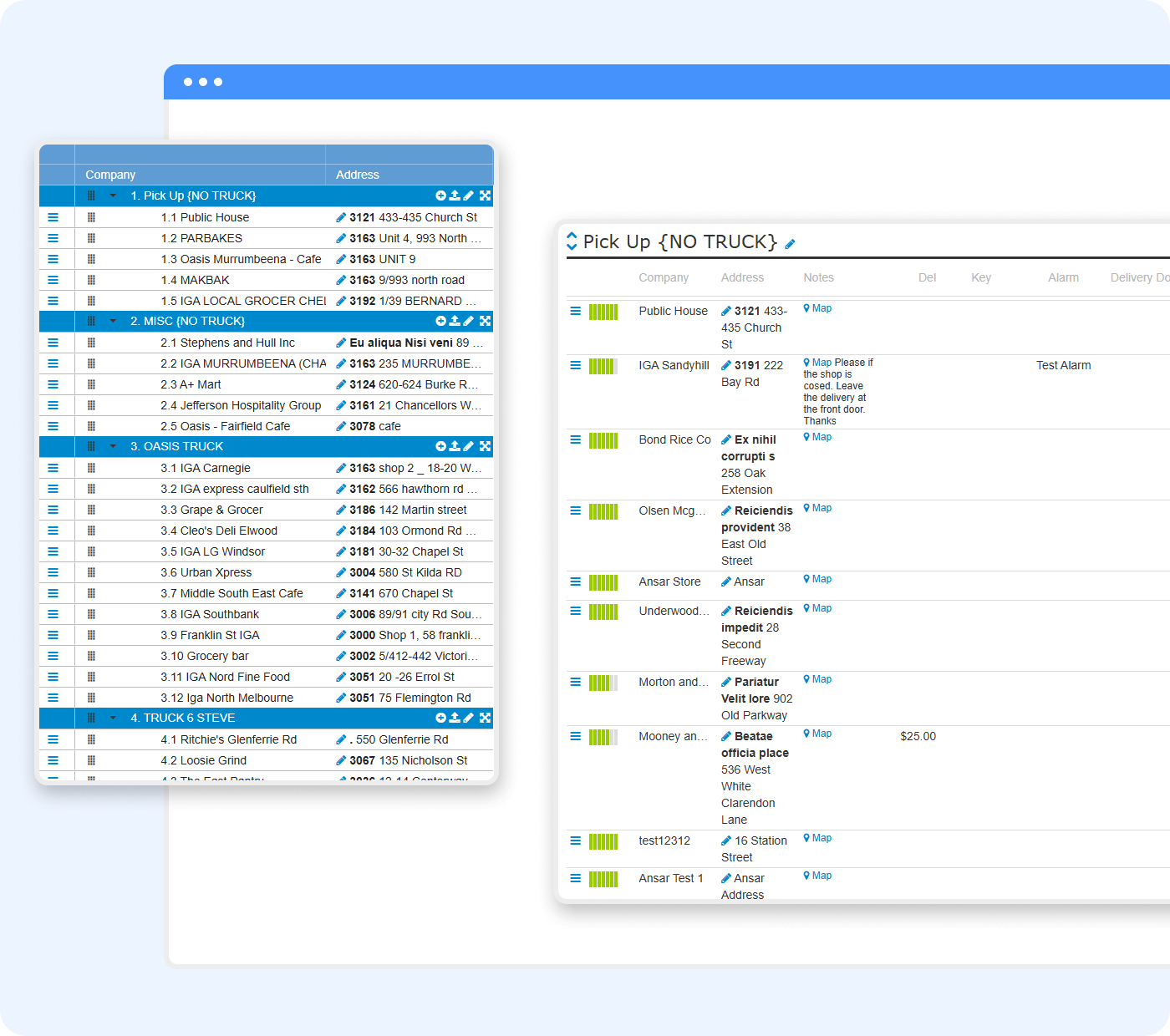 Screenshot of a distribution management software displaying tables with company names, addresses, status icons, and details for scheduling or tracking pickups labeled Pick Up (NO TRUCK).
