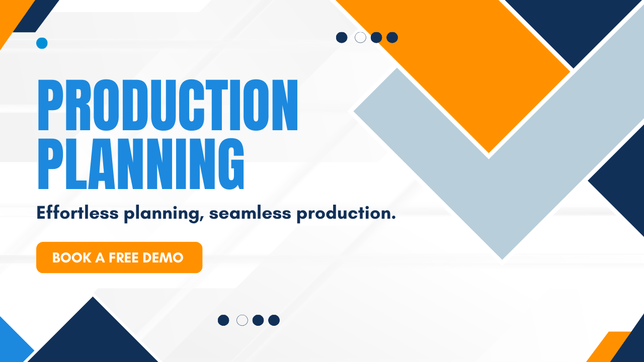 Presentation slide with the title Production Planning, subtitle Effortless planning, seamless production, and an orange Book a Free Demo button—all on a geometric blue, orange, and gray background designed to streamline your bakery ERP.