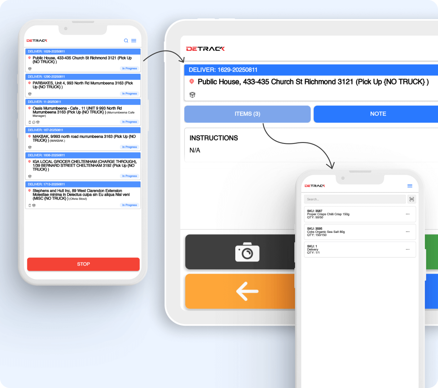 A mobile and tablet screen display a delivery management app, designed to streamline bakery software by showing delivery orders, order details, instructions, and note entry options, with large navigation buttons at the bottom.