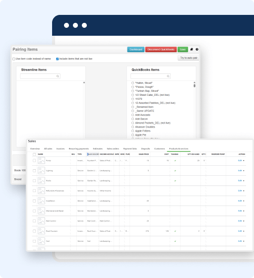 A screenshot showing overlapping windows of an accounting software for bakery business, featuring item pairing options on the top and a detailed data table with columns for sales information and product details below.