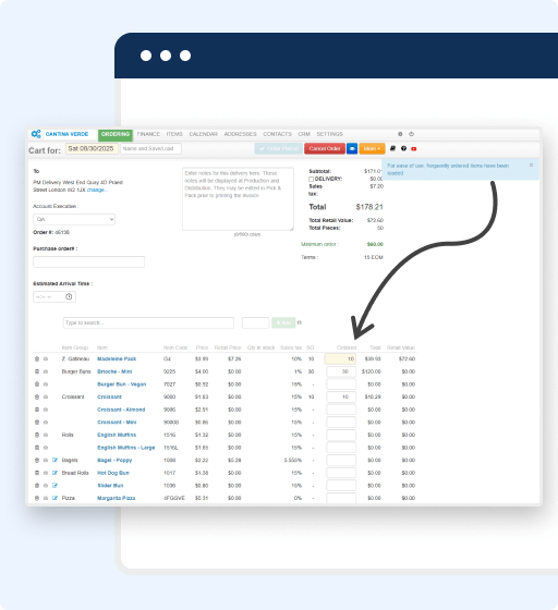 A screenshot of an online cart summary with itemized pizza orders, prices, and a checkout total. An arrow highlights the Tip section, which shows a $10.00 amount—perfect for automated purchasing and suggesting to add a tip for delivery.