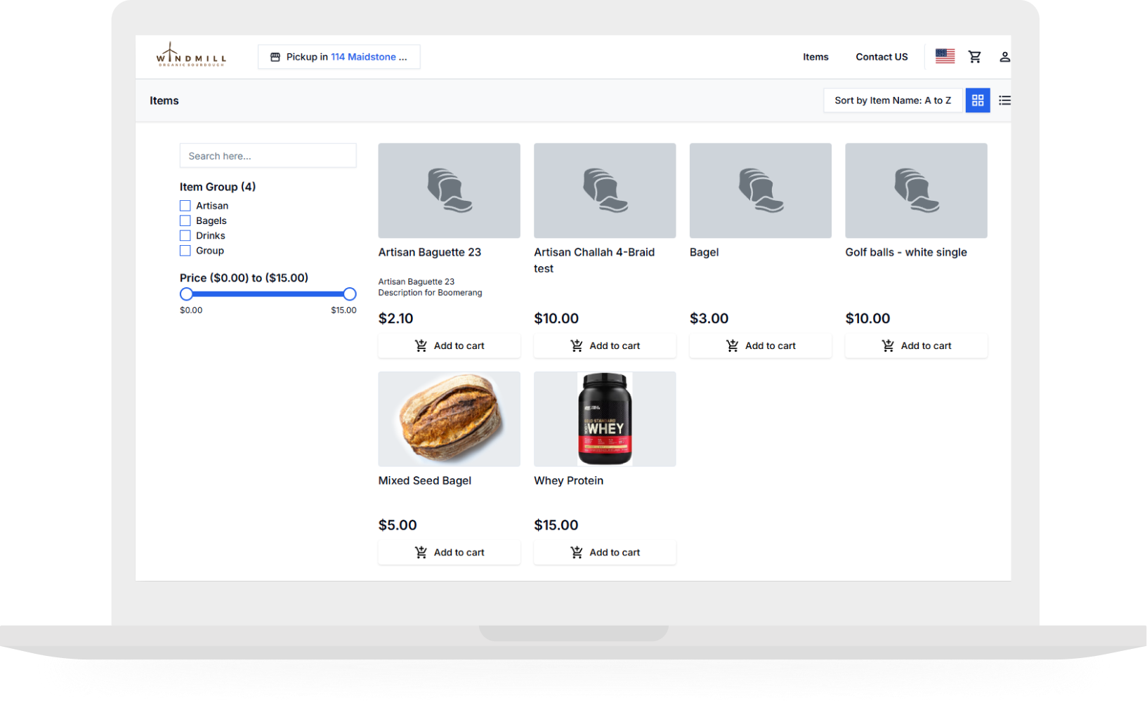 Screenshot of an online bakery shop webpage displaying bread and bagel products, prices, a price filter slider, category sidebar, and “Add to cart” buttons—ordering with streamline from your laptop screen.