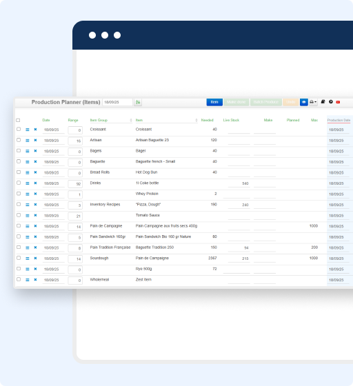A screenshot shows a Production Planner (Items) spreadsheet from bakery software with columns for date, item name, batch, and other details in a pop-up window overlapping a blank web browser window.