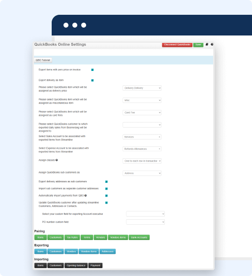Screenshot of the QuickBooks Online Settings page, featuring export, pairing, and importing options. Ideal for integrating bakery management software, the clean interface displays drop-down menus and configuration buttons with highlighted sections.