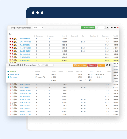 A screenshot of bakery management software displaying tables with invoice and customer data, including dates, customer names, invoice numbers, and amounts, alongside action buttons for batch processing in efficient invoice management.