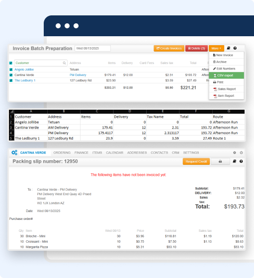 Screenshot of bakery management software displaying invoice batch preparation, a report menu, listing of deliveries and totals, and a packing slip summary with order details and total amount due for efficient invoice management.