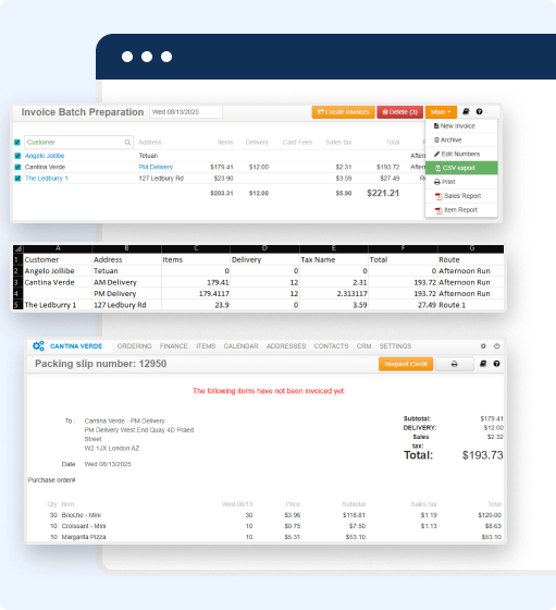 Screenshot of bakery management software displaying invoice batch preparation, a report menu, listing of deliveries and totals, and a packing slip summary with order details and total amount due for efficient invoice management.