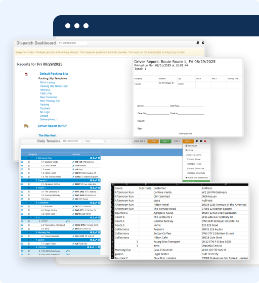 A screenshot displays overlapping windows of bakery management software, featuring a dispatch dashboard, driver report, daily template with lists, schedules, tables, delivery details, and integrated invoice management on a computer interface.
