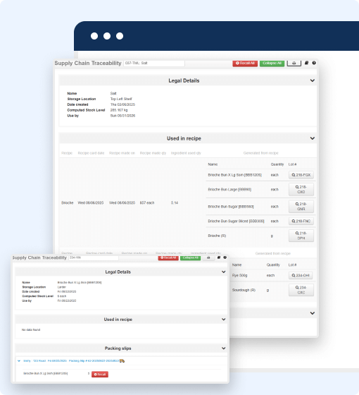 A screenshot of bakery software shows a traceability interface with sections for legal details, ingredients in a recipe, quantities, and packing slips, featuring tables and navigation menus for a streamlined inventory management.