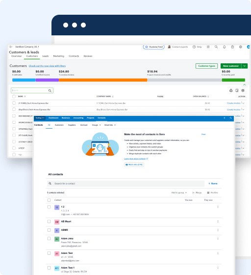A screenshot showing two overlapping software dashboards—one with customer and sales data, the front featuring a content management interface. Ideal for those seeking accounting software for bakery business or learning how to download list of invoices from QuickBooks.