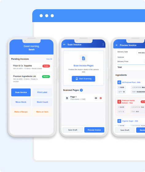 Three smartphone screens display a blue-and-white bakery management software app, showing options to scan invoices, view pending invoices, process items, and review ingredient details and quantities.