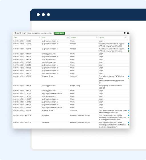 A screenshot of an audit trail table from food safety traceability software shows dates, emails, modules, and actions such as login, report creation, and data export, overlaid on a graphic of a web browser window.