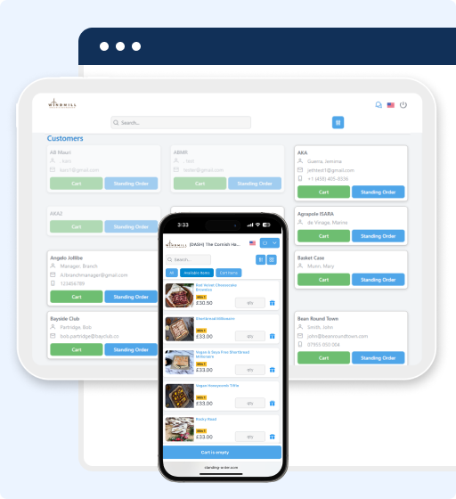 A tablet and smartphone display a bakery management software interface with customer contact cards, order status buttons, and a shopping cart, illustrating a responsive web application.