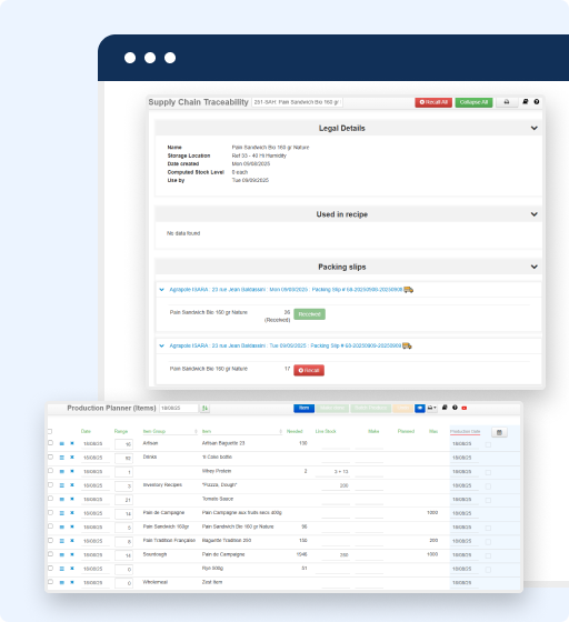 Screenshot of two software interface windows: the top highlights lot traceability details in supply chains, while the bottom displays a production planning table with item numbers, descriptions, and dates—all set against a blue and white background.