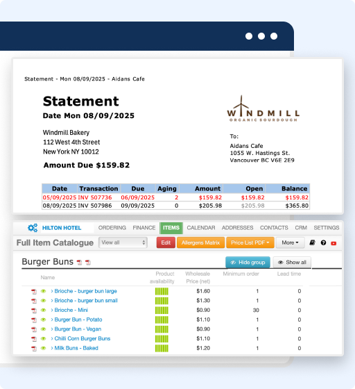 A digital screenshot shows an invoice from Windmill Bakery, totaling $159.82, overlaid above a bakery management software interface that displays burger bun products and their prices in the online ordering system.