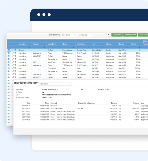 A screenshot of an Ingredient History table showcasing lot tracking and traceability for Yeast Saf, with dates, times, document numbers, types, descriptions, current stock amount, and a web browser window design in the background.