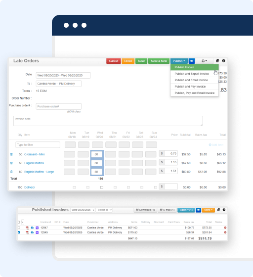 A screenshot of a web-based bakery management software shows an order entry form with item details, dropdown menus, and action buttons. Below, a section displays a table of published invoices with amounts and statuses for effective Invoice Management.