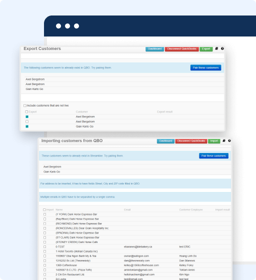 Screenshot of a software interface showing options to export and import customer data—ideal for users searching how to download list of invoices from QuickBooks—with tables listing names, categories, emails, and buttons for Export these customers and Find New Customers.