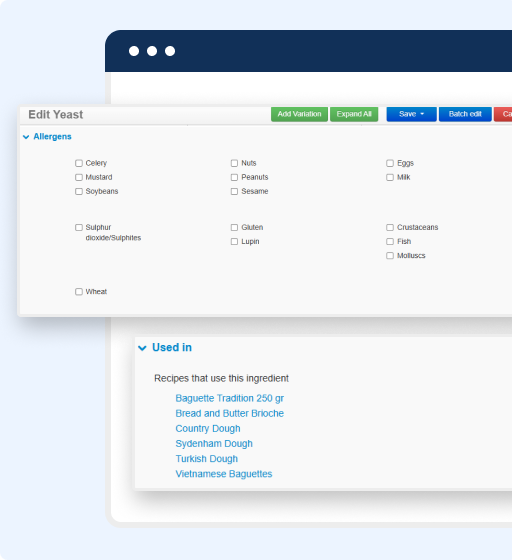 A screenshot shows a bakery allergen management menu for yeast, listing options like soybeans, peanuts, tree nuts, gluten, eggs, and milk, above a used-in list featuring various bread types with clickable blue links.