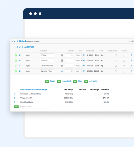 A computer screen displays a recipe management software interface, showing a list of ingredients, quantities, costs, and bakery nutrition facts for an item called Hobart, alongside columns for inventory and packaging details.