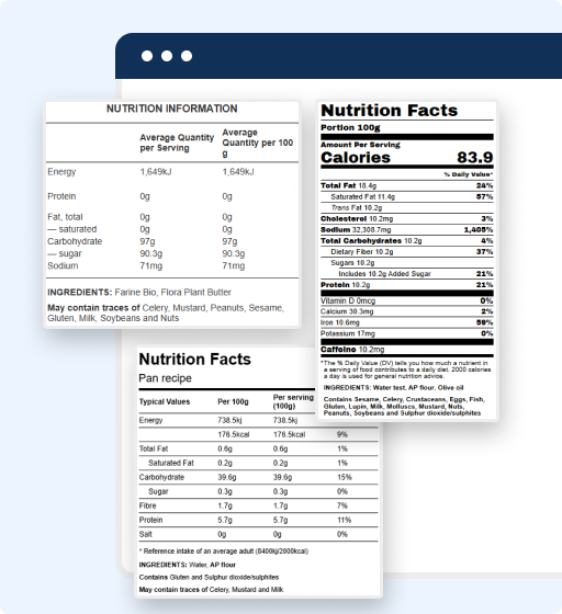 Four overlapping nutrition labels—featuring calories, macronutrients, and ingredients—are displayed on a stylized blue and white web browser, highlighting seamless bakery label generation.