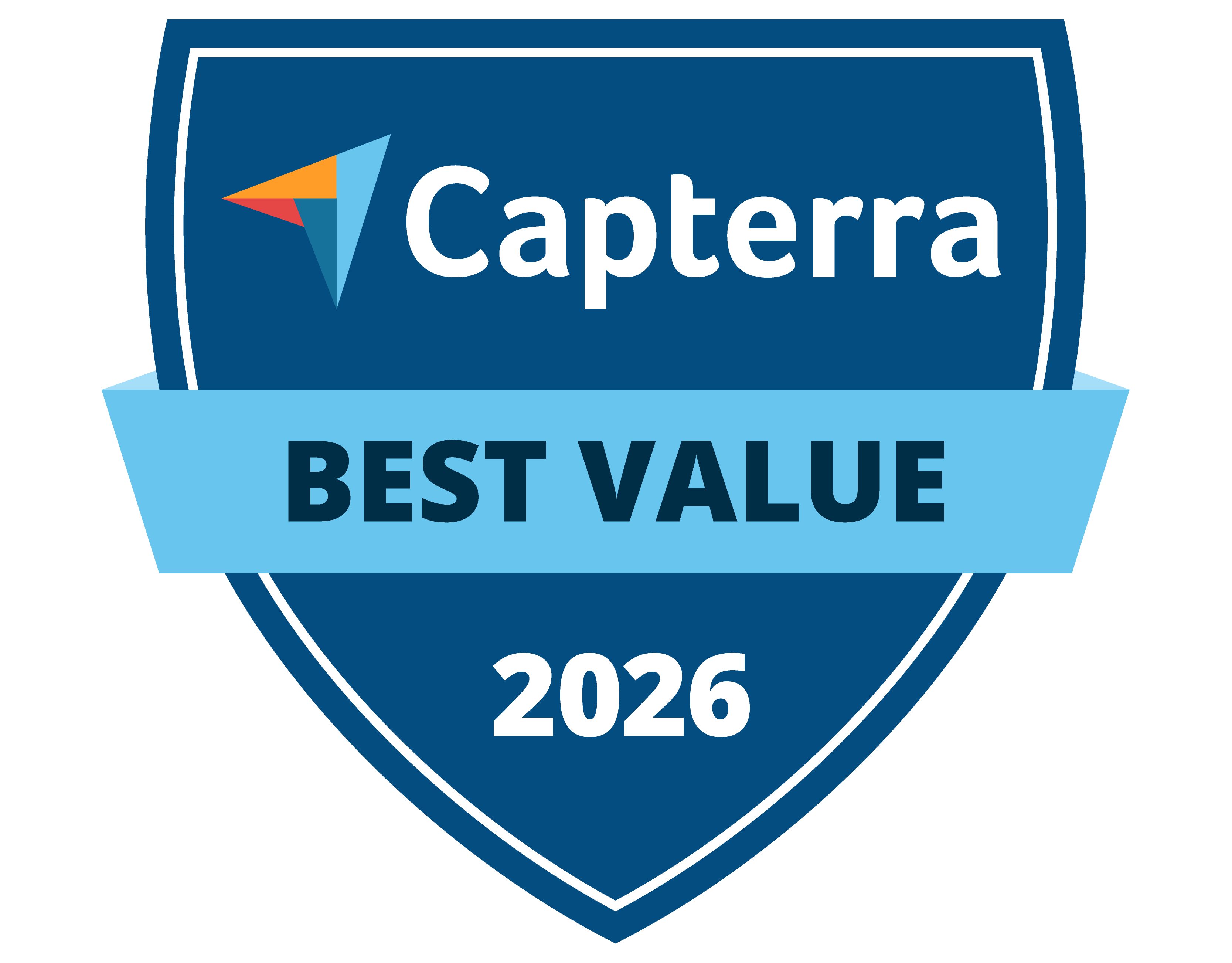 A blue shield-shaped badge with the Capterra logo and text that reads BEST VALUE 2026 on a light blue banner across the center, recognizing top Bakery Software in the 2026 Honors by Mountain Stream.