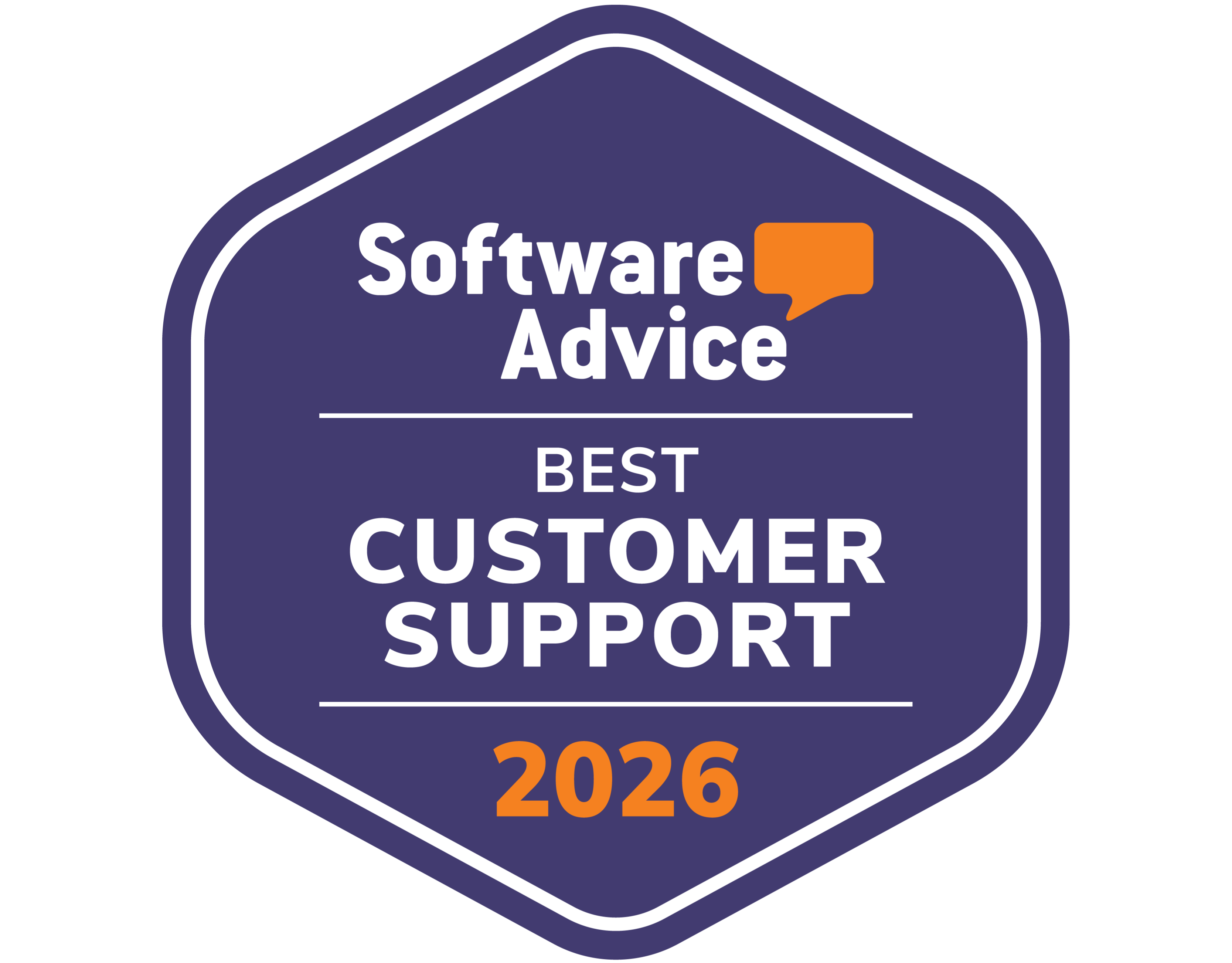 A dark purple badge with a speech bubble icon reads Software Advice Best Customer Support 2026 Honors in white and orange text—an achievement in Bakery Software excellence.