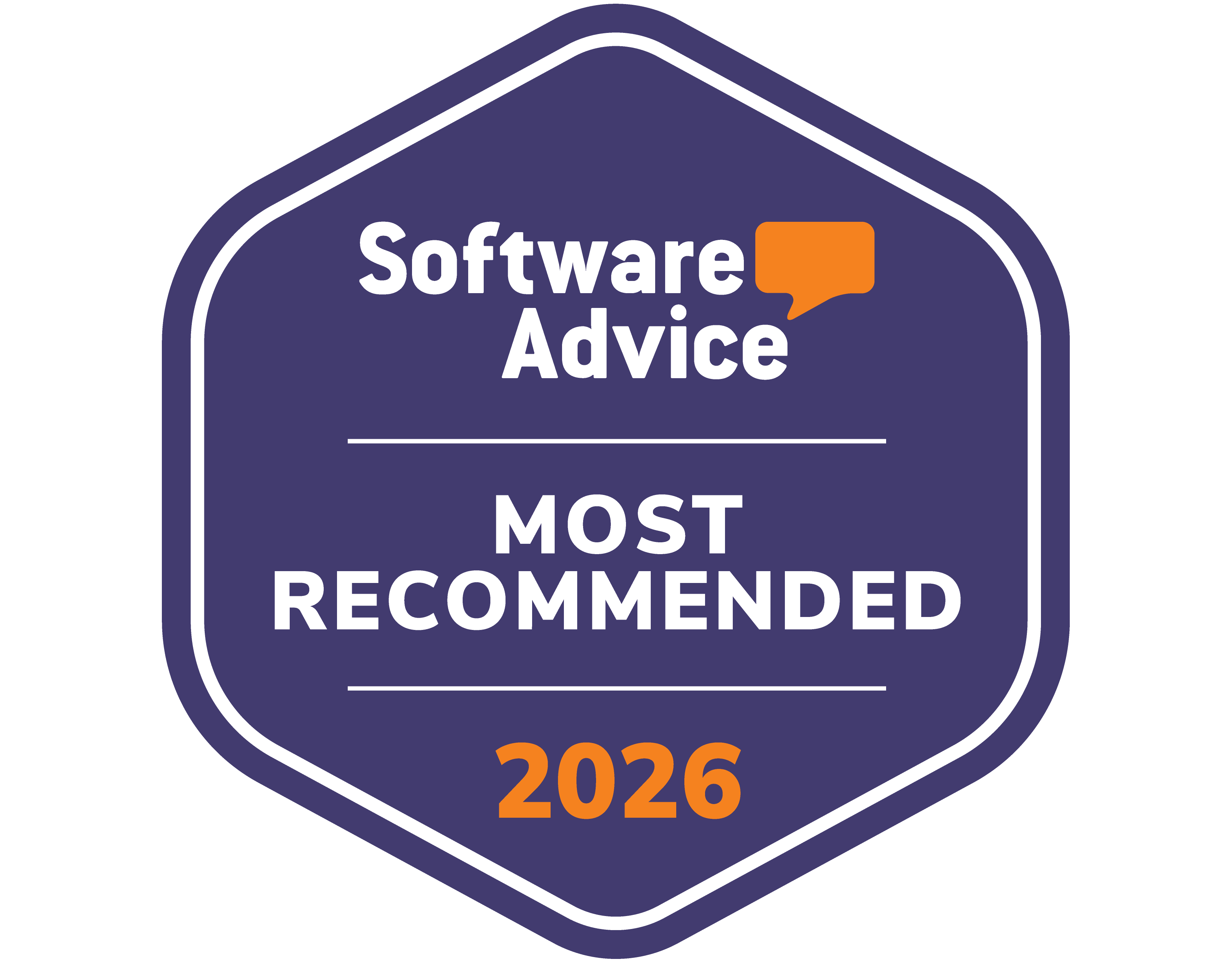 A dark blue hexagonal badge with Software Advice MOST RECOMMENDED 2026 honors written in white and orange text, featuring an orange speech bubble icon—perfect for top bakery software.