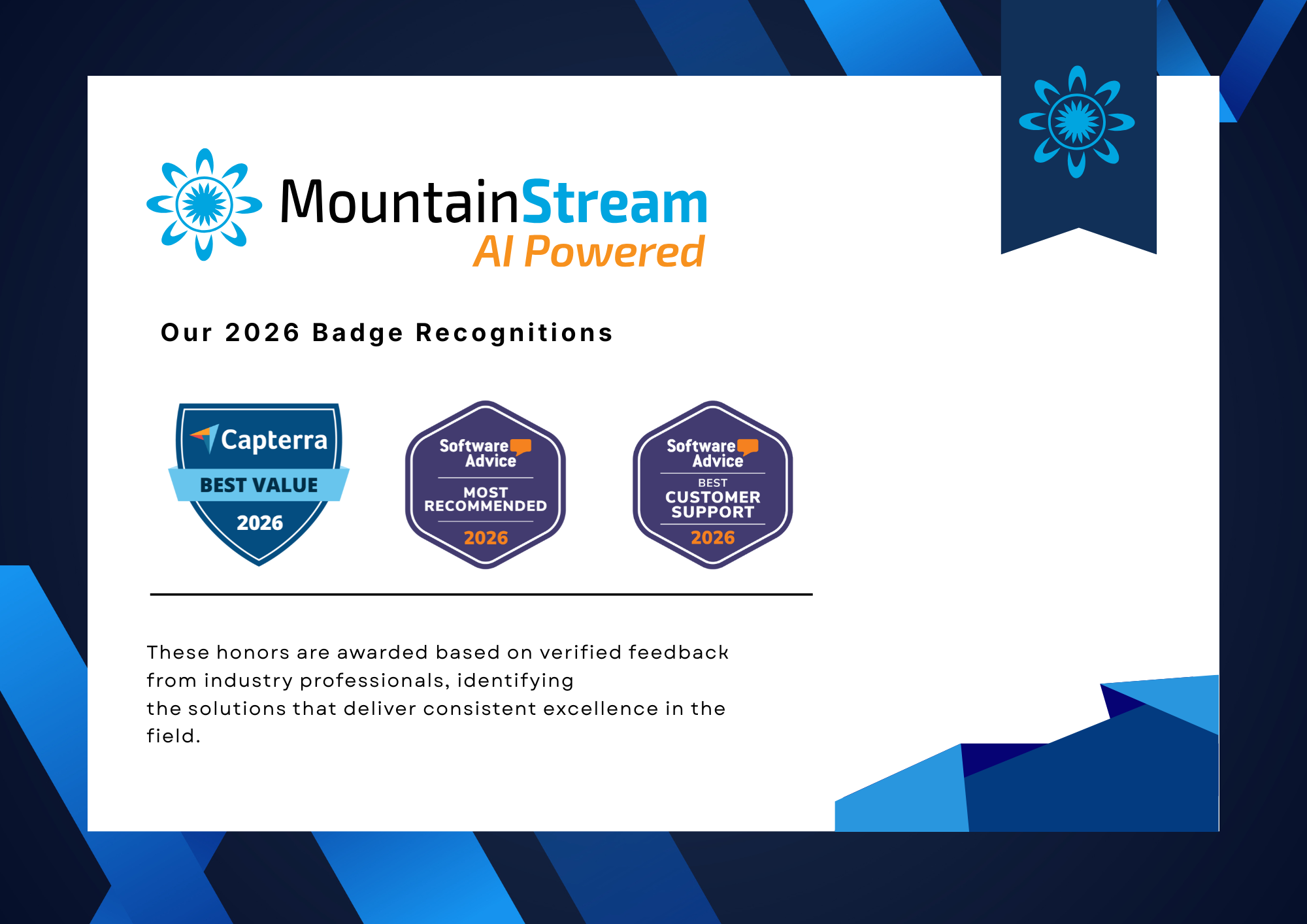 A certificate featuring the Mountain Stream AI Powered logo, announcing 2026 Honors from Capterra and Software Advice for Best Value, Most Recommended, and Best Customer Support in Bakery Software, with a brief description underneath.
