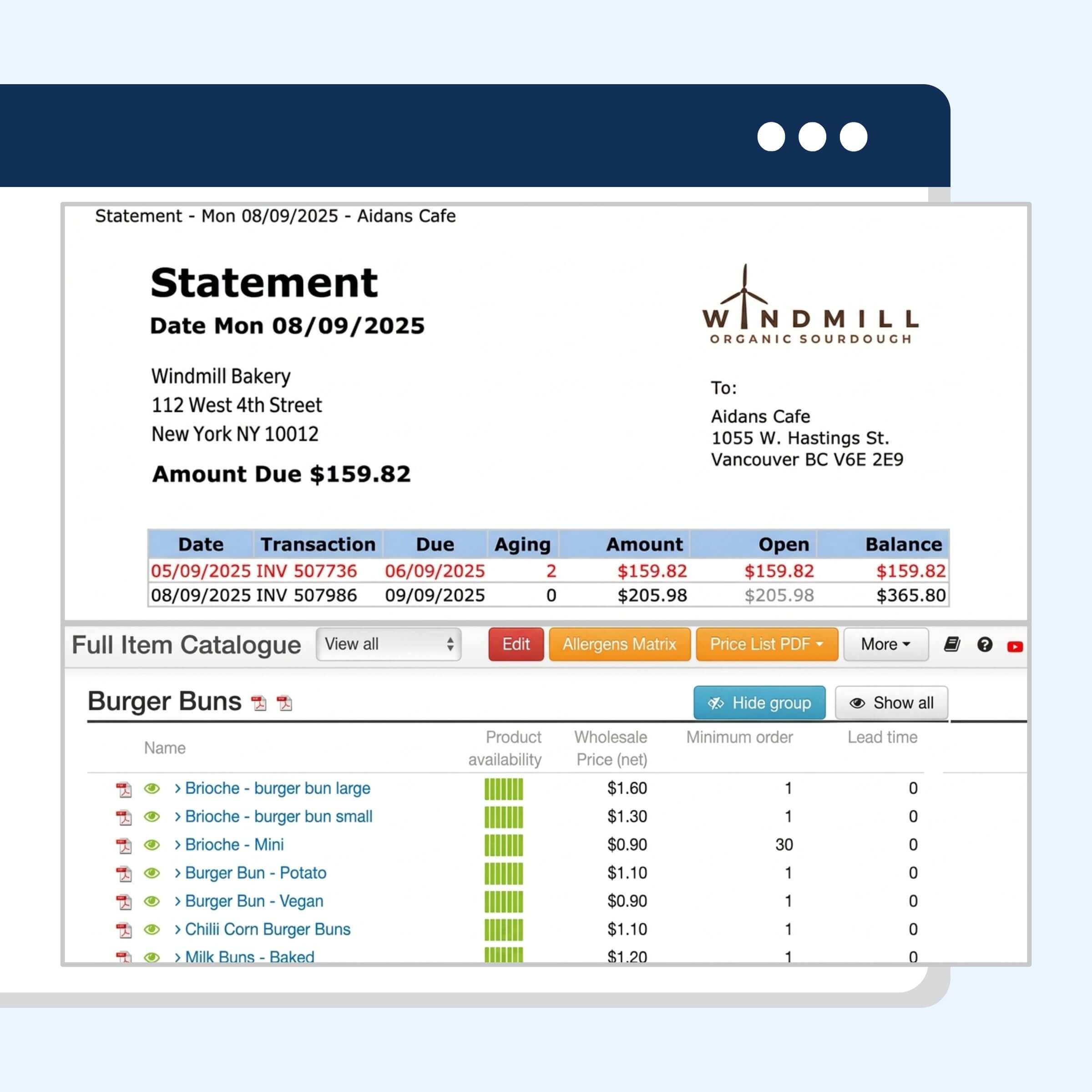 A digital screenshot shows an invoice from Windmill Bakery, totaling $159.82, overlaid above a bakery management software interface that displays burger bun products and their prices in the online ordering system.
