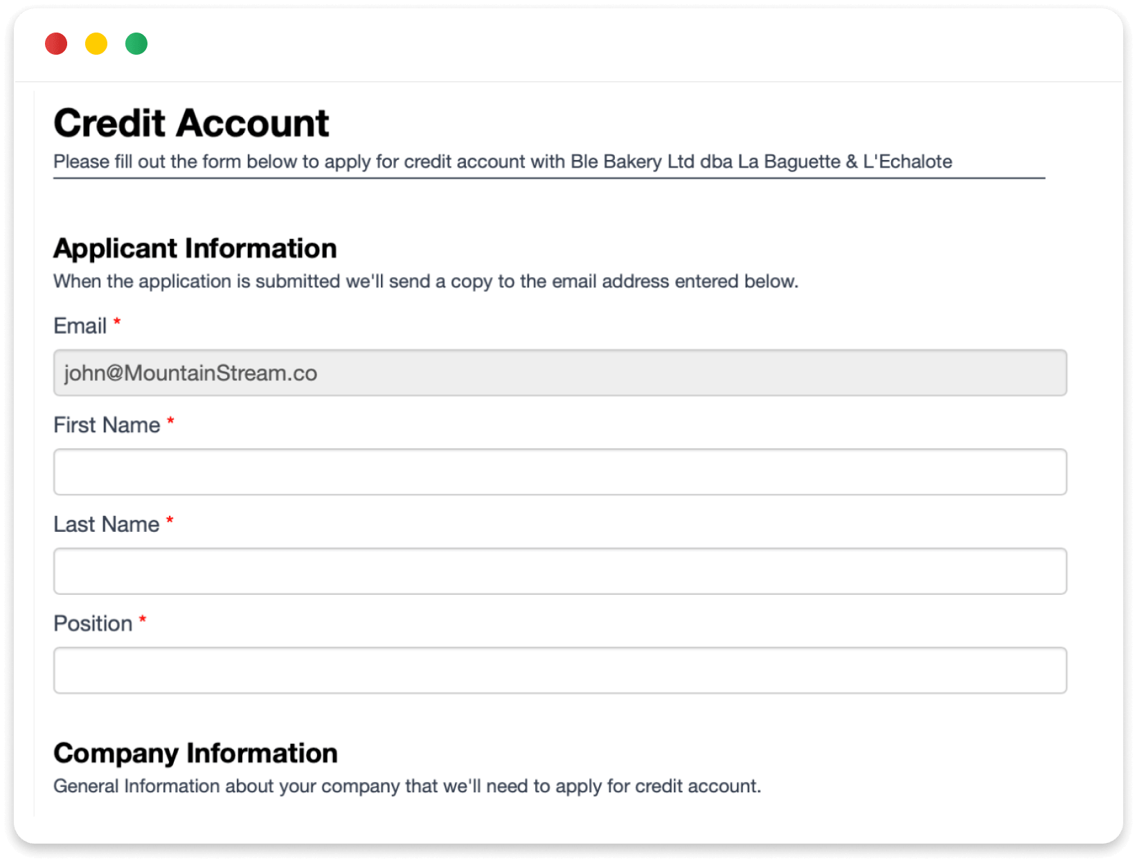 Credit account application interface showing a customer submitting an application and receiving an instant response.