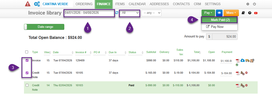 Screenshot of an invoice library page showing filters for date and status, a list of invoices with checkboxes for selection, and a dropdown menu with options to Mark Paid, Pay Now, or apply to invoice. Total open balance displayed as $924.00.
