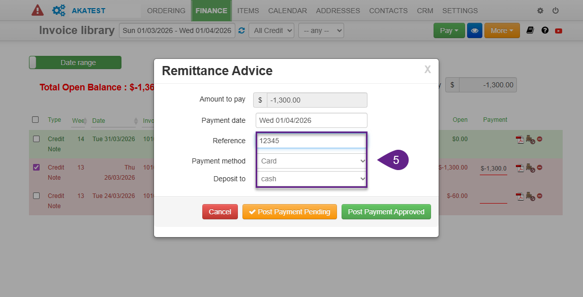 A Remittance Advice popup displays fields for payment amount, date, reference, payment method, and deposit. You can also apply credit note to invoice. The Post Payment Pending and Post Payment Approved buttons appear at the bottom.