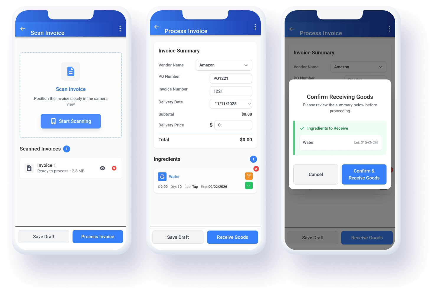 Goods receipt on the Streamline Inventory App
