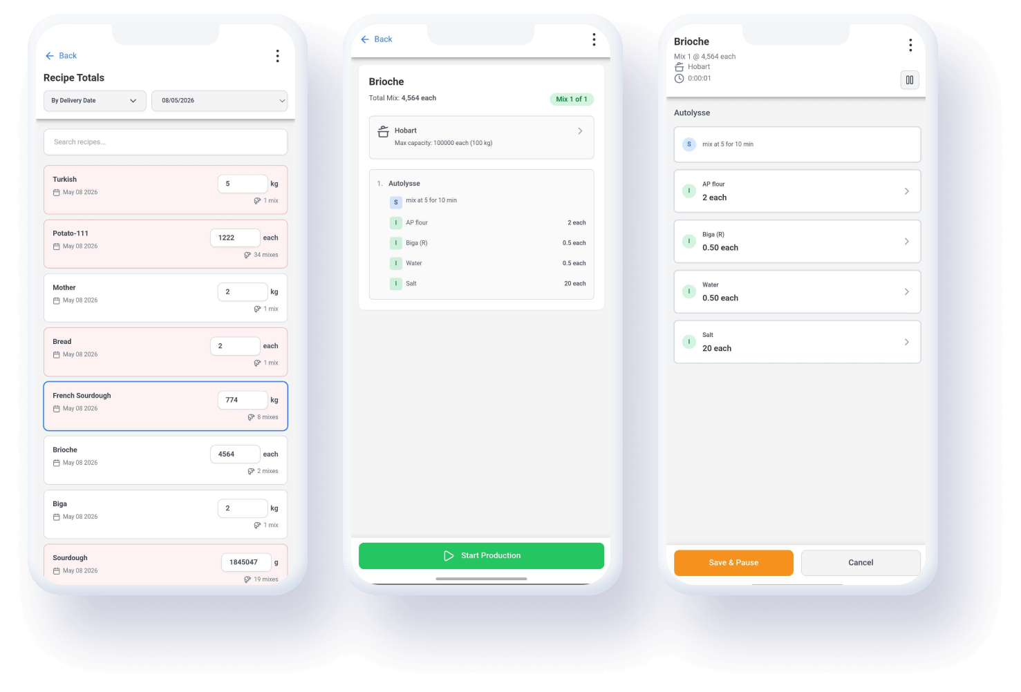 Recipe production on the Streamline Inventory App