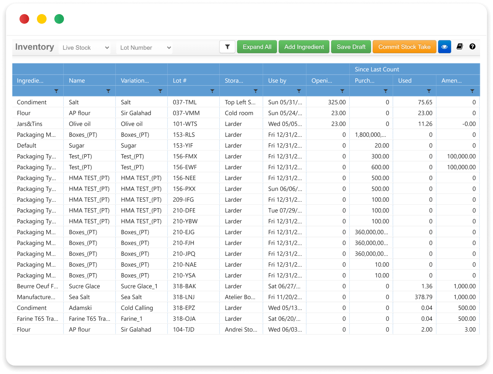 A computer screen displays an inventory management table showing ingredients, lot numbers, storage locations, units, stock levels, and dates, with buttons for actions like Expand All, Add Ingredient, and Commit Stock Take at the top.