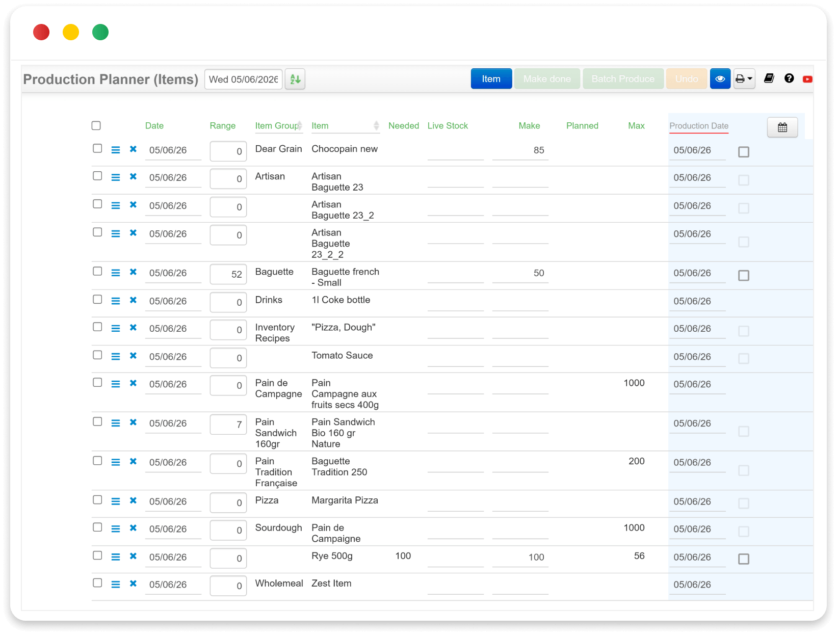Production planning interface showing a visual representation of upcoming production tasks and resource allocation.