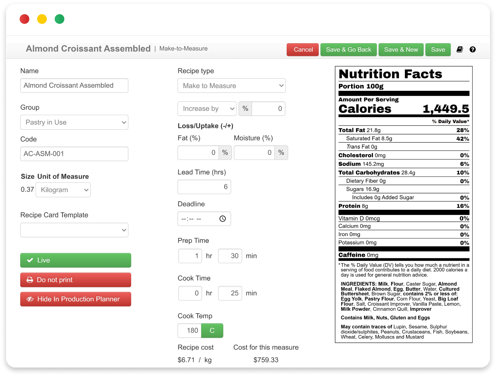 Recipe management interface showing a list of recipes and their details.