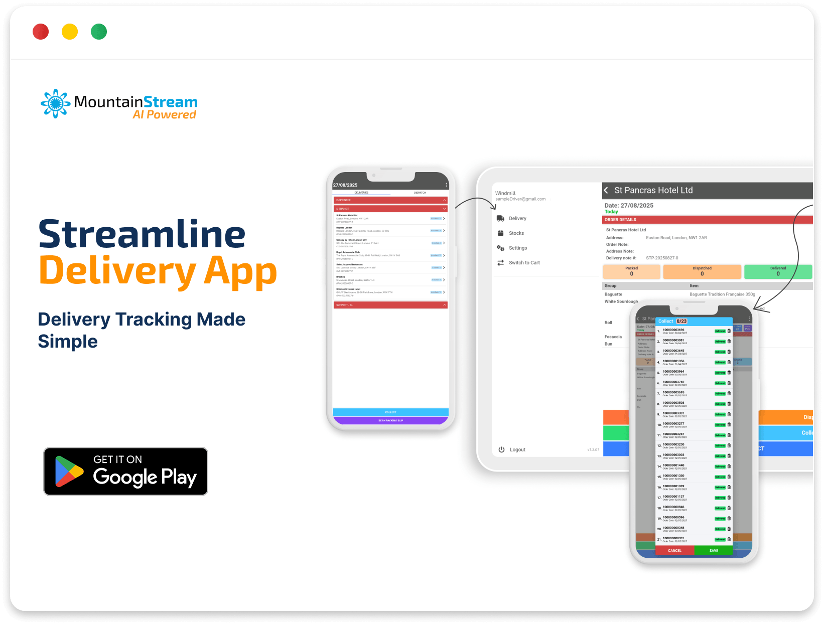 Streamline Delivery App interface showing route management and proof of delivery features.