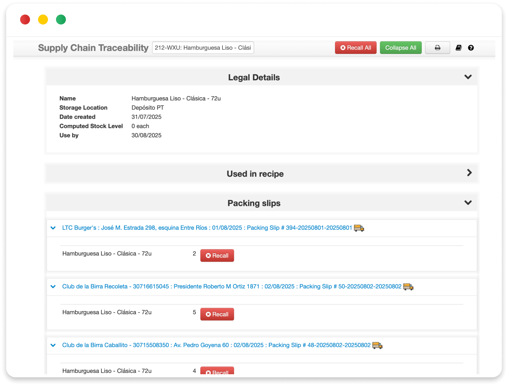 Supply chain traceability interface showing lot tracking information from vendor invoice to customer delivery.